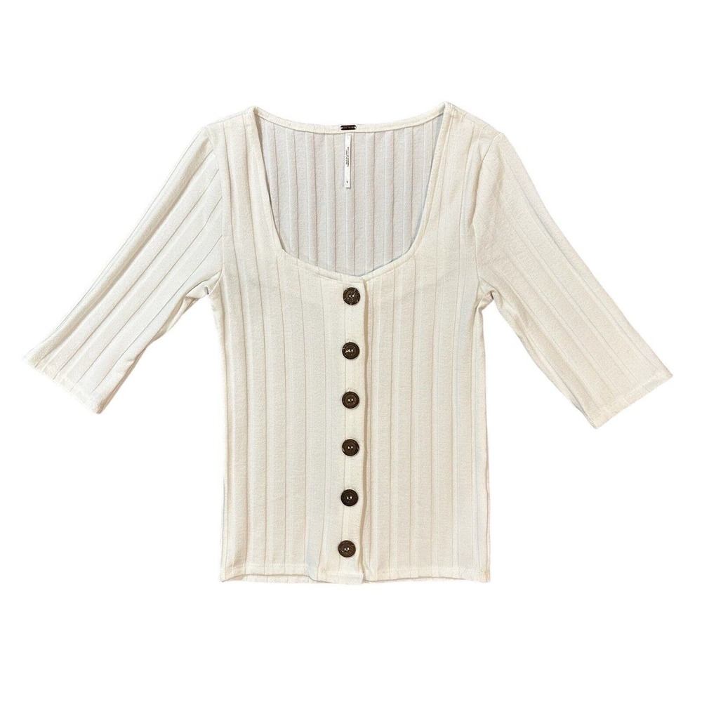 Free People Central Park Ribbed Elbow Cardigan Button Front White Top Small S